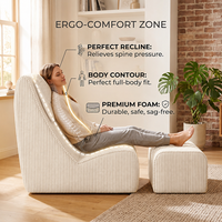 Chaise longue inclinable en velours côtelé ivoire à une place avec ottoman, ensemble compact pour salon et petit appartement