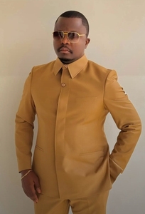 Completo Elegante Dorato su Misura con Colletto alla Coreana, <span class=keywords><strong>Outfit</strong></span> da Gentiluomo, Set di 2 Pezzi, <span class=keywords><strong>Abbigliamento</strong></span> Maschile Smart Casual per Ufficio e Uso Quotidiano - Product Image 2