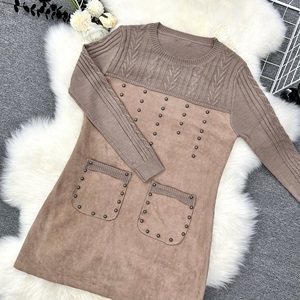 <span class=keywords><strong>Robe</strong></span> élégante <span class=keywords><strong>en</strong></span> <span class=keywords><strong>laine</strong></span> à col rond pour femmes avec rivet Neek <span class=keywords><strong>grande</strong></span> <span class=keywords><strong>taille</strong></span> Simple mode motif solide automne ODM approvisionnement - Product Image 4