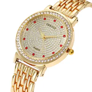 Gran oferta elegante esfera de oro relojes de muñeca elegante reloj de oro regalo para mujer de diamante rojo relojes de cuarzo Regarder