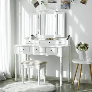 Ножки из массива дерева, белый туалетный столик, туалетный столик, набор для макияжа с 7 ящиками