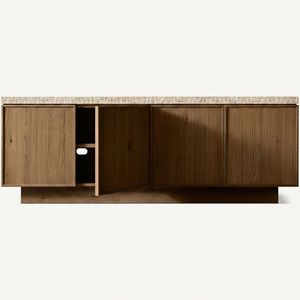 Buffet en bois de chêne avec plateau en pierre et bordure en travertin ciselé pour salle à manger et salon de luxe modernes - Product Image 1