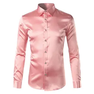 Custom Satin Silk Men Fashion Long Sleeve Mens Slim Tuxedo Shirts Casual Button Down Dress Shirts