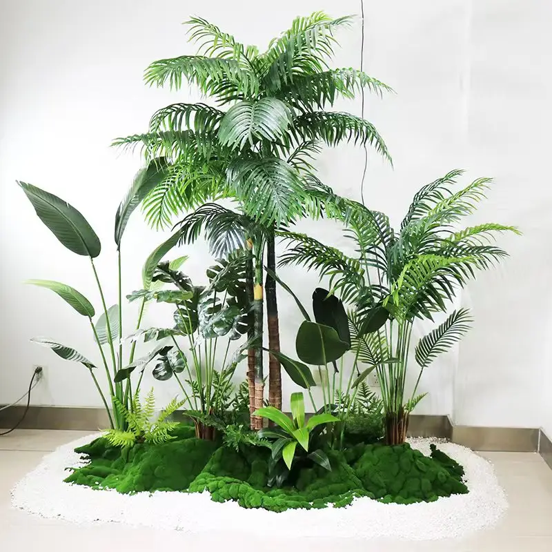 S0300 murah dalam ruangan simulasi dekorasi hutan pohon palem hijau Monstera bonsai plastik palsu tanaman pot buatan pohon palem