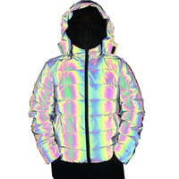 Manteau d'hiver matelassé coupe-vent à capuche avec logo avant en polyester/coton, épais et chaud, pour hommes et femmes, réfléchissant et lumineux, collection 2025