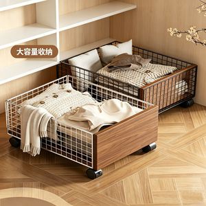 Clothing Organizer Wire <b>Basket</b> With Wheels <b>Rectangular</b> Industrial Style <b>Storage</b> Rack For Laundry And Clothes - Product Image 1