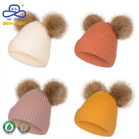BAE SHIOW Custom Bear Ear Knitted Beanie Dual Faux Fur Pom Poms Winter Cute Warm Hat Women Kids OEM Wholesale