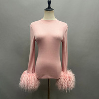 Pull en tricot personnalisé de luxe à col rond de couleur unie, pull doux aux poignets en vraie fourrure de Mongolie pour femmes