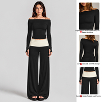 Ensemble de sport respirant color-block à manches longues avec taille repliée pour la course en extérieur, le Pilates, le fitness et le yoga