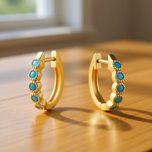 Orecchini a Cerchio Dorati E3167 con Incastonatura in Turchese per Donne, Stile Classico, Gioielli in Lega - Product Image 2