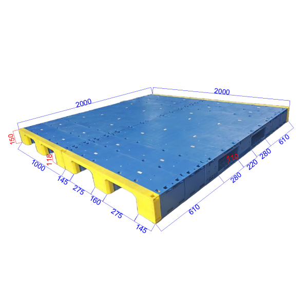 Color Variety Industrial 3-Runner 2000mmx2000mmx150mm Closed Deck Plastic Pallet HDPP/HDPE 8T Static Load for Chemical Storage