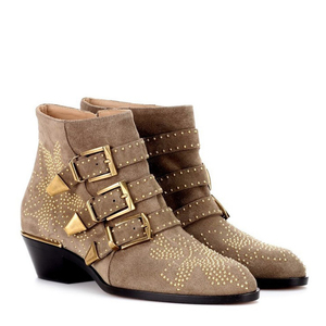 Bottes à talons épais pour femmes Xinzirain, personnalisées avec strass, en cuir véritable imprimé, avec boucle de ceinture à <span class=keywords><strong>rivets</strong></span> et bride à la cheville - Product Image 6