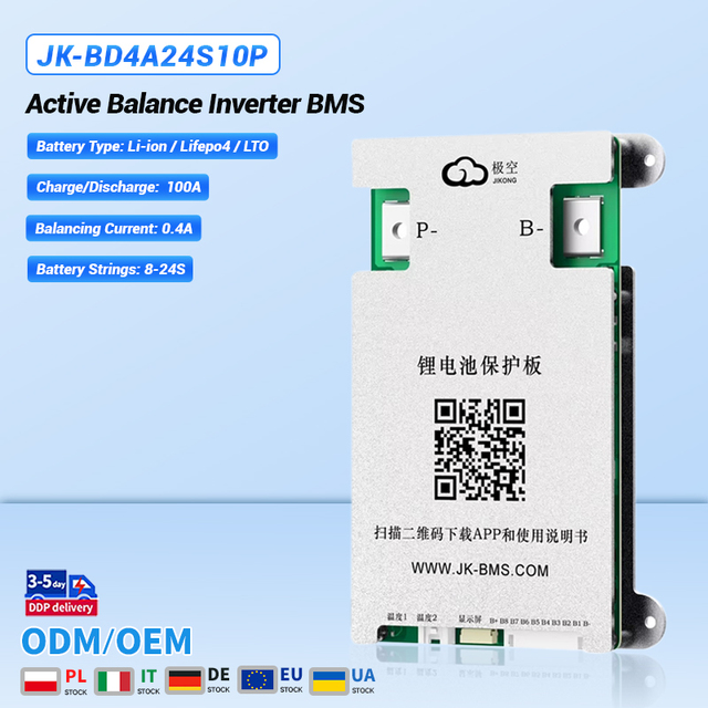 JK BMS Battery BMS BD4A24S10P 8~24S 100A Smart Inverter 0.4A Active Balancer BMS for LFP LI-IONBT CAN RS485 BT Communication