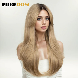 Perruques en dentelle frontale en fibre haute température FREEDOM pour femmes, perruque en dentelle droite avec frange, 26 pouces, pour cosplay blond avec reflets bruns - Product Image 1