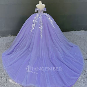 Abito da ballo per Quinceañera o compleanno, viola, con applicazioni e perline, vita naturale, scollo a cuore, antistatico, strascico a cappella, per feste e balli di fine anno - Product Image 6