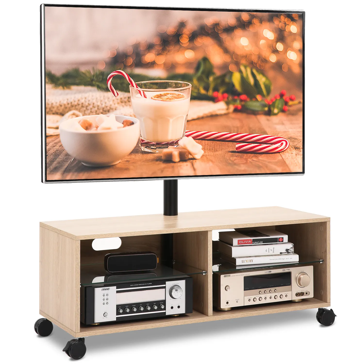 Đồ nội thất phòng khách gỗ đơn giản TV đứng tường đơn vị TV Tủ lưu trữ TV hiện đại giỏ hàng cho 32 đến 65 inch với kệ kính