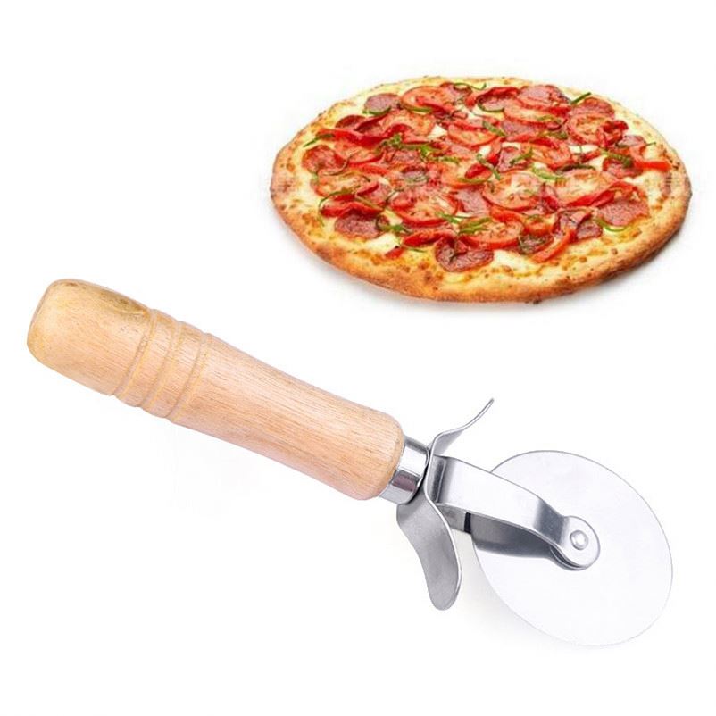 K1279 Round Pizza Knife Wheels Cutter Steel Stainless Wooden Handle Pastry Pasta Kitchen Pizza Knife Baking Tools