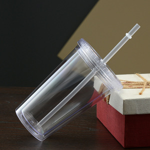 Gobelet à double paroi en acrylique 12oz/16oz/24oz bouteille de boule à neige tasse en plastique avec bouchon et paille - Product Image 4
