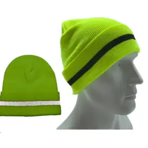 Hi Viz fluorescent Yellow orange Black Knitted Beanie Hats 100% Acrylic Reflective Winter Toque Cap Hat High visibility