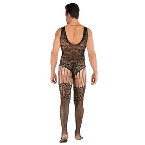 Men's Black <b>Fishnet</b> Bodysuit With Lace Pattern Mid-Rise Spandex Nylon Sexy Underwear - Product Image 5