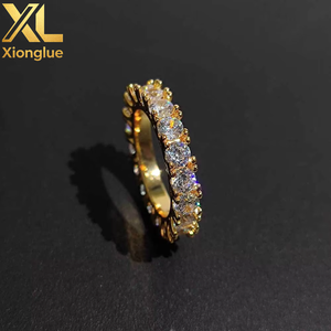แหวนเพชรเทนนิสแบบแถวเดียว ประดับเพชร CZ ระยิบระยับ สไตล์ฮิปฮอป สีทอง สำหรับผู้ชายและผู้หญิง - Product Image 1