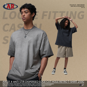 Produttore OEM ODM con Etichetta Privata, T-Shirt da Uomo in 100% Cotone 250GSM con Doppio Colletto, Lavaggio Inverso e Cuciture Sfilacciate - Product Image 1