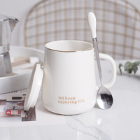 Tasse à café ou à thé en porcelaine de style minimaliste nordique 430 ml avec cuillère, bordure dorée, design par sublimation, couvercle écologique, cadeau de voyage ou de rentrée scolaire
