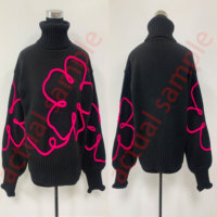 Suéter de punto de cuello alto para mujer con diseño floral 3D de moda, bordado de cuerda rosa neón, jersey de cuello alto, prendas de punto personalizadas