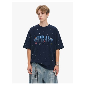 Camiseta de Manga Corta para Hombre, Talla Grande, Azul Marino, con Estampado de Estrellas y Logotipo, Estilo Urbano, Cuello Redondo, Algodón Jersey, Personalizable - Product Image 1