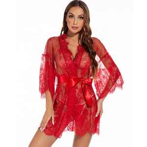 Precio barato pijama mujer encaje Kimono bata ropa interior malla camisón transparente vestido de novia encaje suave ropa de dormir - Product Image 3
