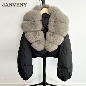 JANVENY Piumino Corto Invernale 2025 da <span class=keywords><strong>Donna</strong></span> con Vera Pelliccia di Volpe, Giacca Calda e Spessa con 90% Piumino d'Anatra Bianco, Modello Cropped Ampio e Impermeabile - Product Image 2