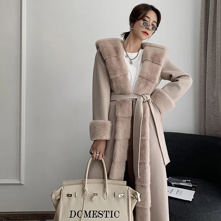 Winter Custom Wool Coat for Woman Mink Fur Collar Hooded Female Cashmere Coat Luxury Cashmere Coat Woman