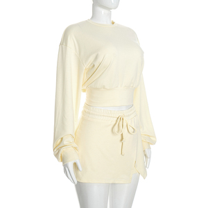 Viviblook D26ST274 Ensemble Automne Femme Col Rond Manches Longues Sweat-shirt et Mini-jupe à Cordon Ensemble Décontracté Deux Pièces - Product Image 4