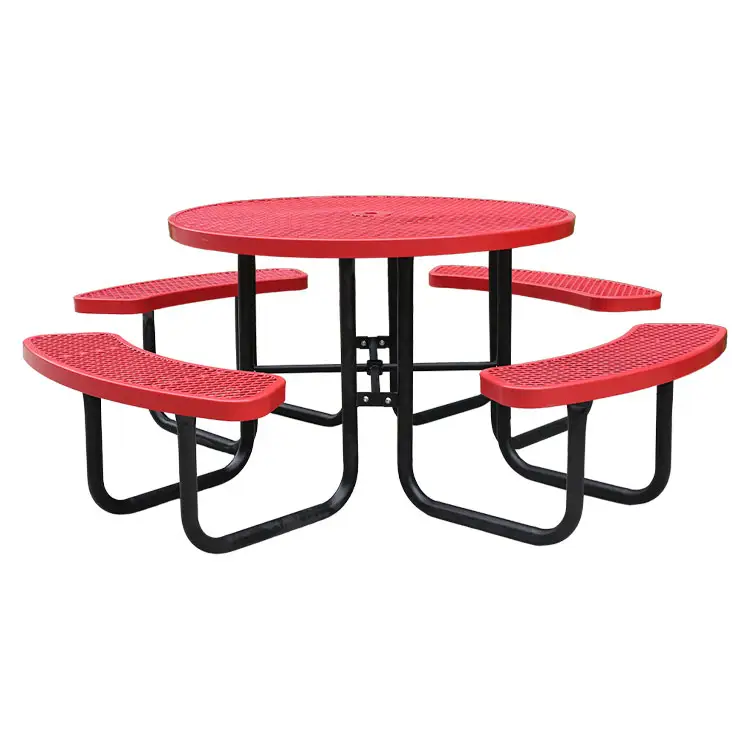 Открытый парк патио коммерческий стальной сетчатый стол для пикника кемпинга со скамейкой снаружи ресторана круглый металлический обеденный стол и стул