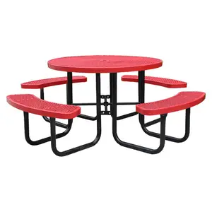 आउटडोर पार्क आँगन वाणिज्यिक स्टील जाल पिकनिक कैम्पिंग टेबल, रेस्तरां के बाहर बेंच के साथ गोल धातु डाइनिंग टेबल और कुर्सी