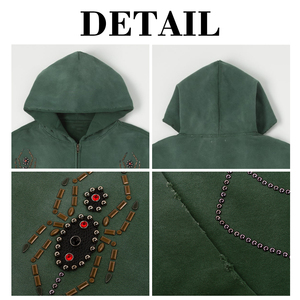 KingSen 100% Cotton French Terry <b>Fleece</b> Full <b>Zip</b> Hoodie Vintage Washed Drawstring Hem Spider Studded Oversized Streetwear - Product Image 6