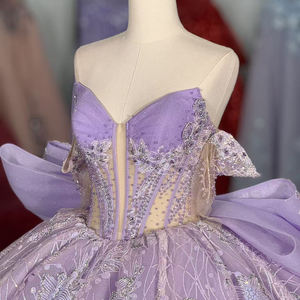 Robe de bal vintage Quinceañera Dy6962 en mousseline de soie, col cœur, épaules dénudées, traîne Watteau, taille naturelle - Product Image 4