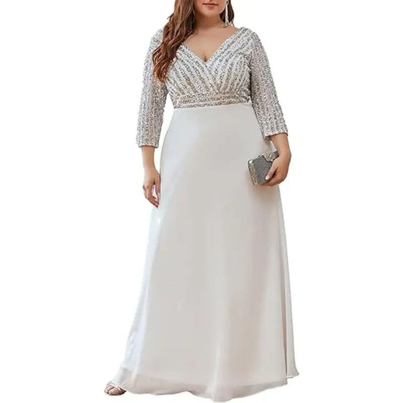 New elegant wedding long gown for mother of the bride women's plus size V-neck shiny long sleeve wedding gown weddingdress
