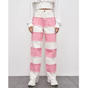 Damenmode Kontrast nähte Jeans gerade Freizeit hose High-Waist-Jeans hose mit weitem Bein für Mädchen