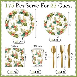 Kit de fournitures de fête jetables Série Plantes d'été : Assiettes en papier, gobelets, serviettes, ensemble de couverts dorés pour fête - Product Image 2