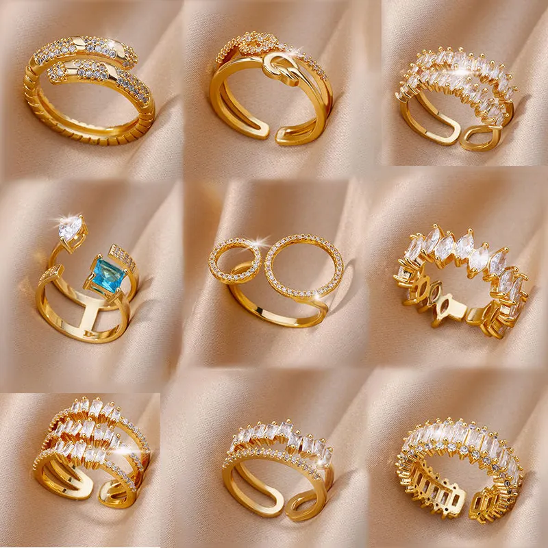 Latón grueso circón platino Azul zafiro lujo abierto vintage hombres cobre 18K anillos chapados en oro para mujeres