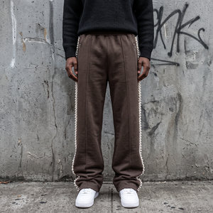 <b>Men's</b> Casual Pearl Embellished Wide Leg Heavyweight Elastic Waist 100% Cotton <b>Trousers</b> - Product Image 2
