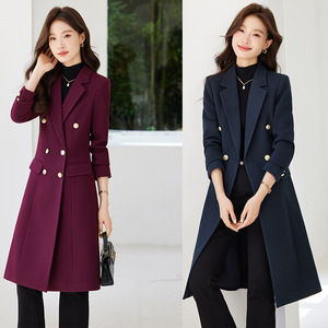 Women's Trench Coat Double Breasted Woolen Long Coat Navy Blue Purple Solid Color Professional Formal Winter Wear - Product Image 1