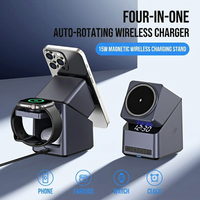 4-in-1 15W Magnetische Draadloze Oplaadstandaard met 180 Graden Gemotoriseerde Rotatie voor Telefoon, Horloge, Oordopjes en Klok voor Bureau, Nachtkastje en Bedside