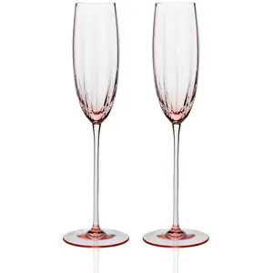 Ribbed fluted vertical stripe Reeded Texture Ripple Rose Pink Colored Long stem Champagne Flute Glass