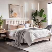 Lit moderne rembourré en velours capitonné avec dossier haut et boutons, avec cadre de lit plateforme réglable pour lit king size