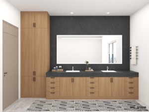 Modern <b>Light</b> Oak Wall Base Bathroom Cabinet Double Multi Drawer Organizers Dark Stone Counter and Oversize LED <b>Mirror</b> - Product Image 1