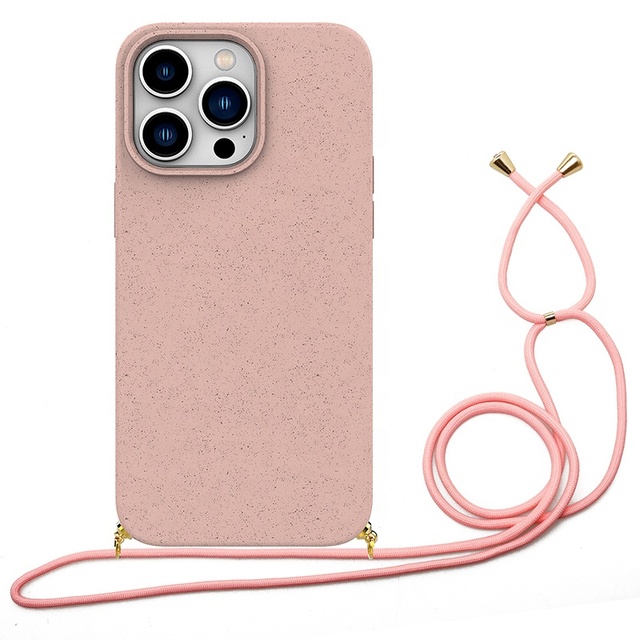 Environment Biodegradable Wheat Straw Shock Proof Tpu Necklace Crossbody Phone case with Strap for iPhone 15 15 Pro Max