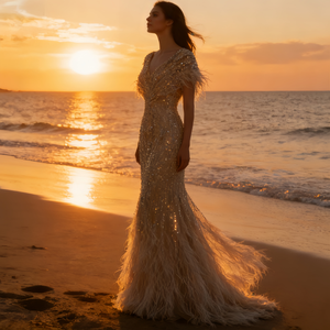 Vestido de Noche de Alta Costura con Plumas Blancas y Cuentas, Estilo Sirena, para Banquetes y Actuaciones, Talla Grande - Product Image 5