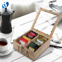 Boîte de rangement pour sachets de thé Wanuocraft, faite à la main, rectangulaire, vintage, vieillie, taille personnalisable, 4 compartiments, couvercle en verre